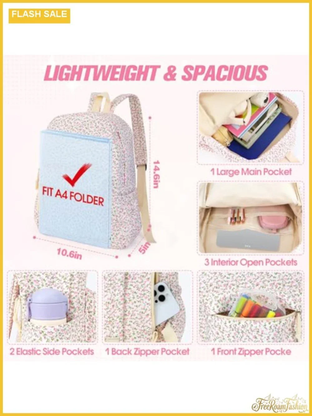 Waterproof Nylon Floral Backpack Women Teen Girl School Bag Tablet Compartment
